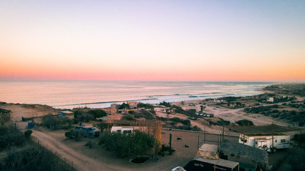 Spectacular sunset view from ALAIA Surf Lodge overlooking Sea of Cortez, East Cape Baja California