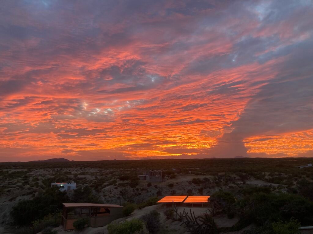 Spectacular sunset view from ALAIA Surf Lodge overlooking Sea of Cortez, East Cape Baja California