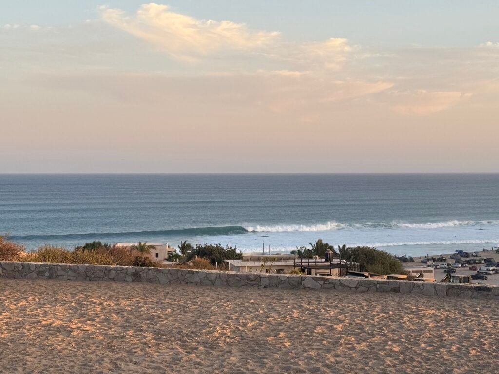 Spectacular sunset view from ALAIA Surf Lodge overlooking Sea of Cortez, East Cape Baja California